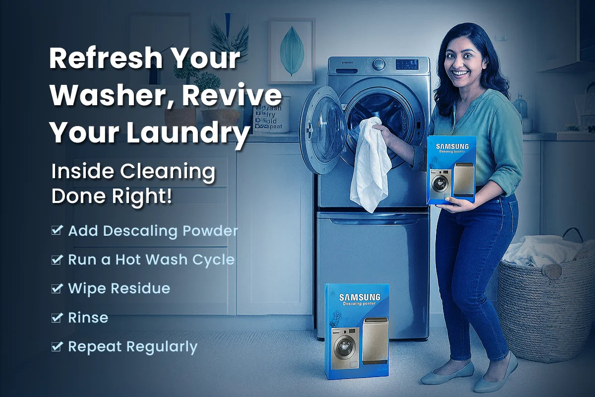 Refresh your washer with descaler powder – add powder, run hot wash cycle, wipe residue for deep cleaning