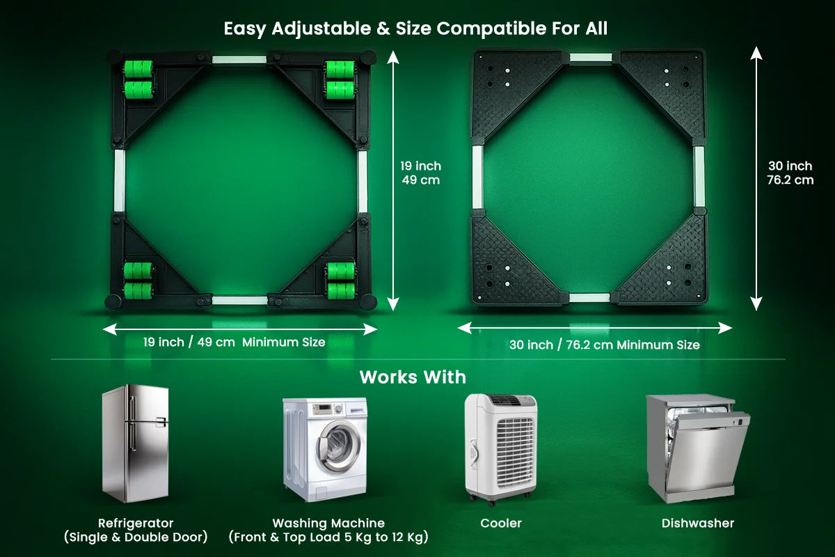 VenuX green universal adjustable appliance stand easy size compatible for all – adjustable 19 inch to 30 inch 49cm to 76cm works with refrigerator single, double door, washing machine front load top load 5kg to 12kg, cooler and dishwasher India
