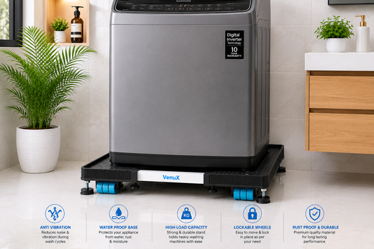 VenuX blue wheel heavy duty adjustable washing machine stand under Samsung top load washing machine with digital inverter technology – universal mobile stand for top load front load washing machine in bathroom India