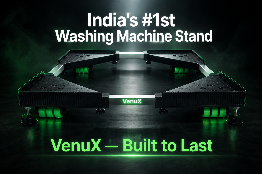 VenuX front load washing machine stand with green rubber wheels and adjustable feet — India's best washing machine stand 2026