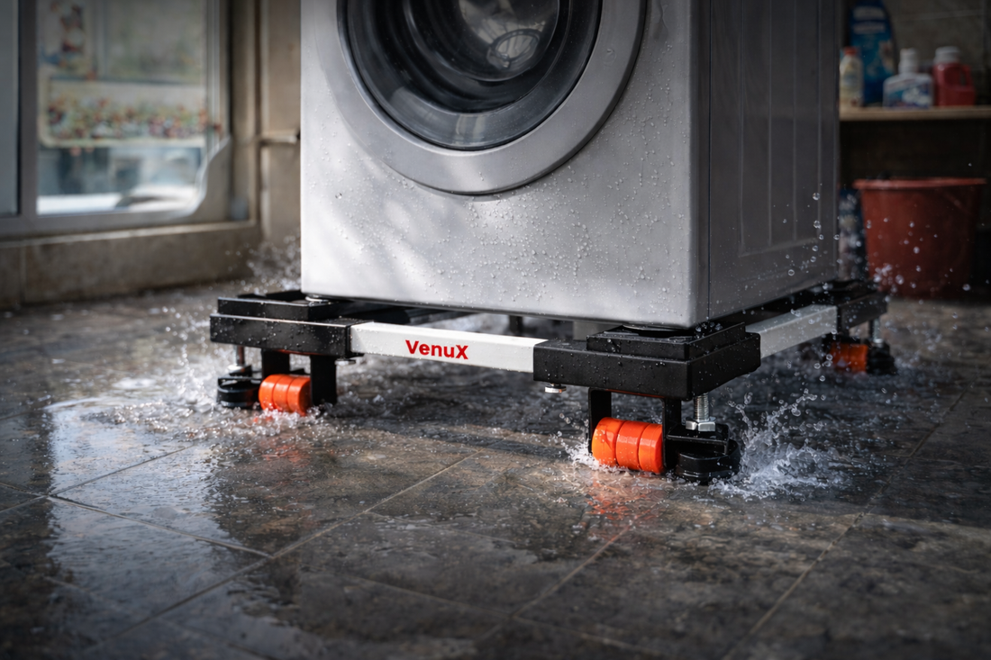 heavy duty washing machine stand with wheels protecting washing machine from vibration and water on floor