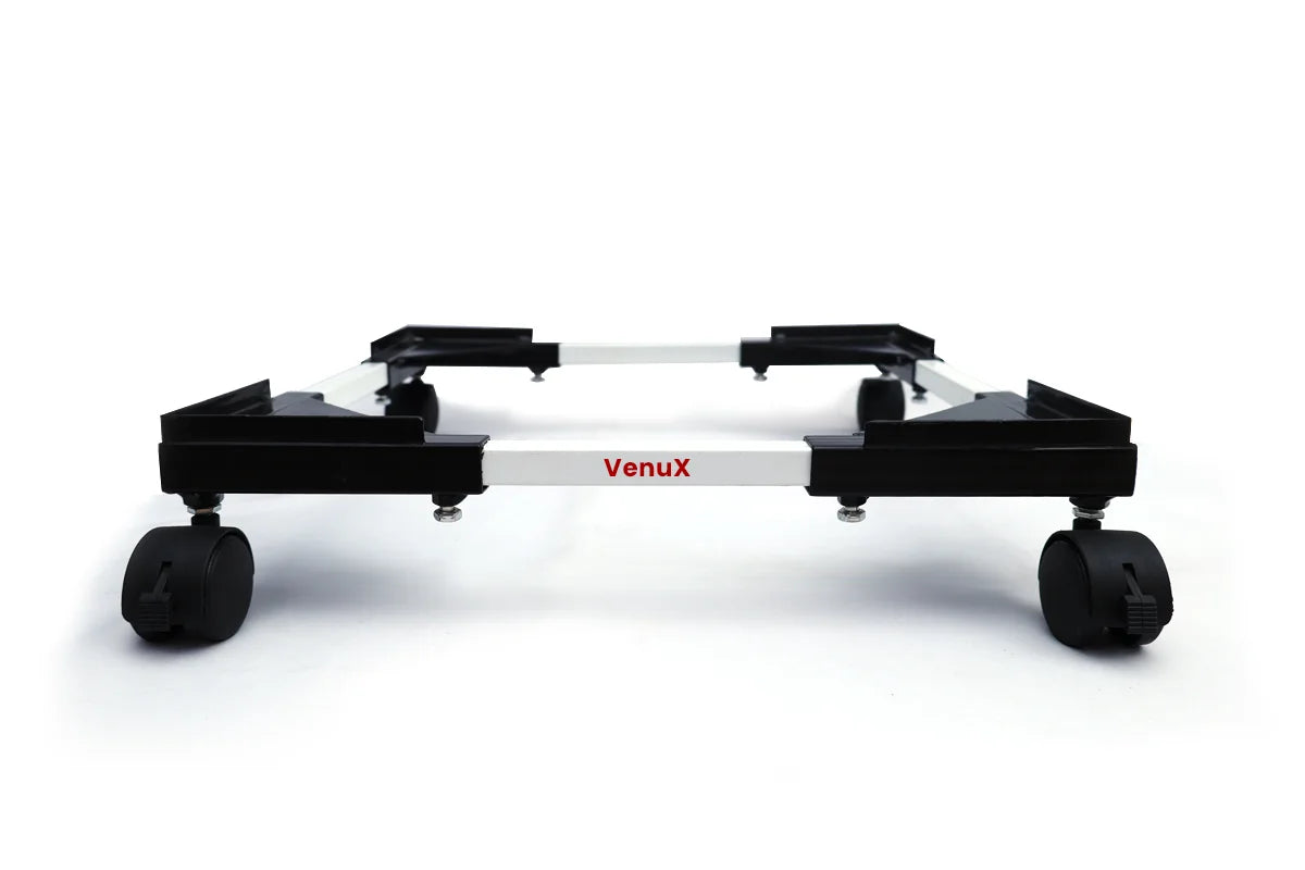 VenuX adjustable washing machine stand front view with 360 degree rotating black rubber wheels – heavy duty universal mobile stand for front load and top load washing machines LG Samsung IFB Bosch India