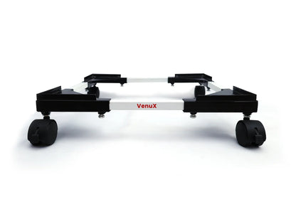 VenuX adjustable washing machine stand front view with 360 degree rotating black rubber wheels – heavy duty universal mobile stand for front load and top load washing machines LG Samsung IFB Bosch India