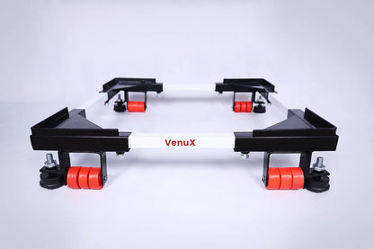 VenuX premium black and red 12 wheel heavy duty washing machine stand with red anti-vibration rubber wheels, adjustable length and height – universal mobile stand for front load top load washing machine LG Samsung IFB Bosch India