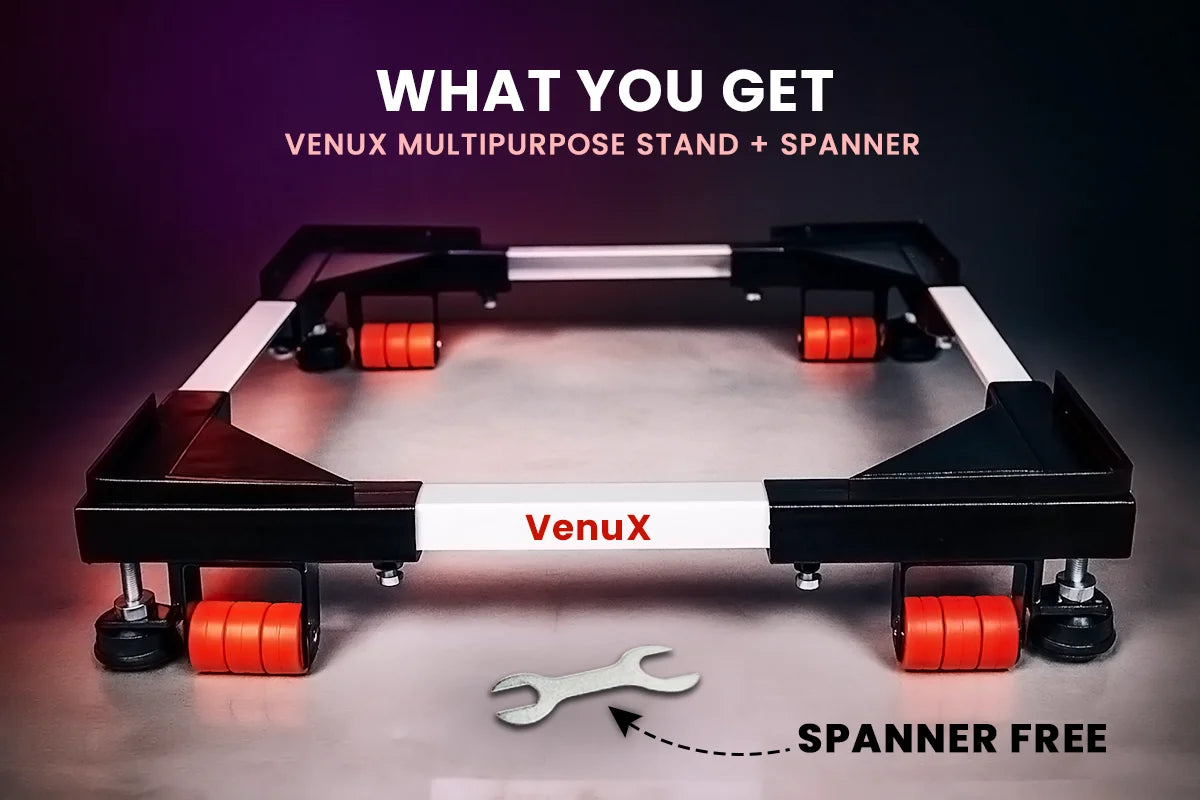 VenuX black and red multipurpose heavy duty appliance stand what you get – adjustable universal base with red anti-vibration rubber wheels and free spanner included – mobile washing machine stand for front load top load refrigerator cooler dishwasher India