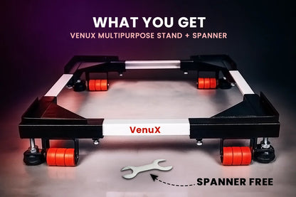 VenuX black and red multipurpose heavy duty appliance stand what you get – adjustable universal base with red anti-vibration rubber wheels and free spanner included – mobile washing machine stand for front load top load refrigerator cooler dishwasher India