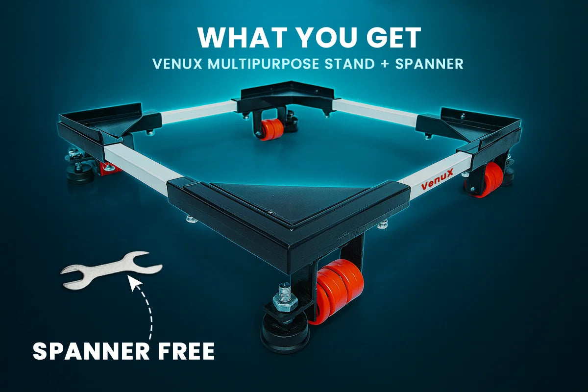 VenuX black and red multipurpose heavy duty washing machine stand what you get – adjustable universal appliance base with red rubber wheels and free spanner included – mobile stand for washing machine refrigerator cooler dishwasher India