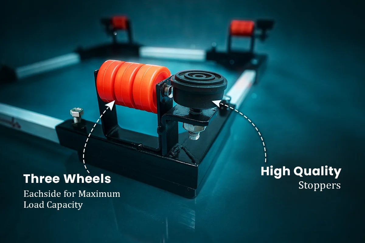 VenuX heavy duty washing machine stand close-up showing 3 red rubber wheels each side for maximum load capacity and high quality black anti-vibration rubber stoppers for stability – premium black adjustable washing machine stand India