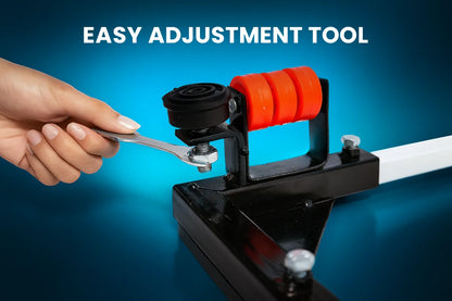 VenuX black heavy duty washing machine stand easy adjustment tool close-up – hand using free spanner to adjust red rubber wheel size for perfect fit – adjustable universal stand for front load top load washing machine home appliances India