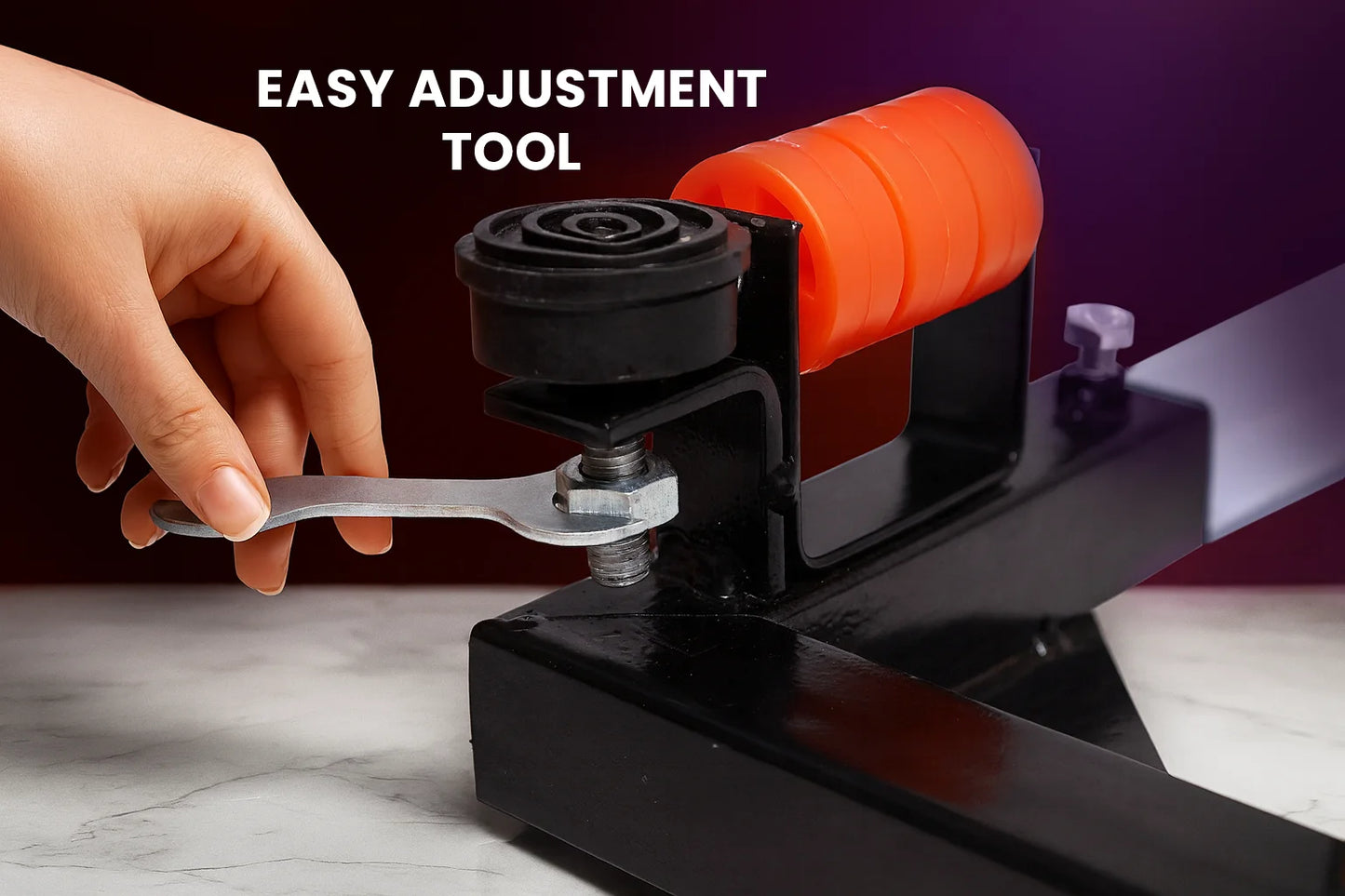 VenuX black heavy duty washing machine stand easy adjustment tool close-up – hand tightening bolt with free spanner for perfect size adjustment – anti-vibration red rubber wheel universal front load top load washing machine stand India