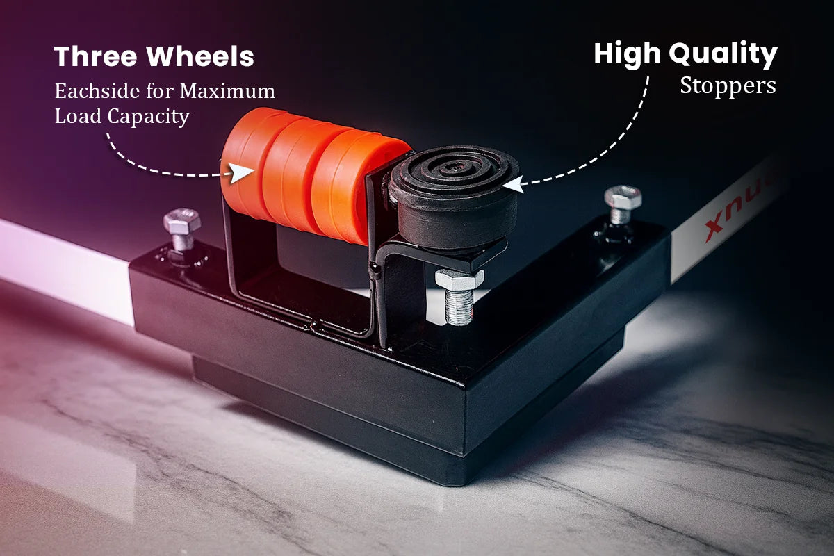 VenuX black heavy duty washing machine stand close-up showing 3 red rubber wheels each side for maximum load capacity and high quality black anti-vibration rubber stoppers for stability – premium adjustable universal washing machine stand India