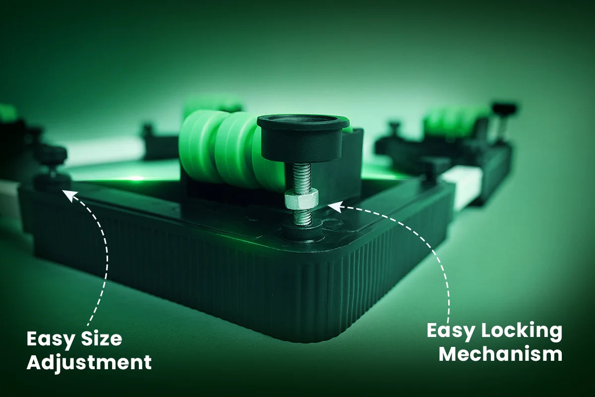 VenuX green washing machine stand close-up showing easy size adjustment bolt and easy locking mechanism with non-slip polypropylene plastic base – heavy duty adjustable universal front load top load washing machine stand India