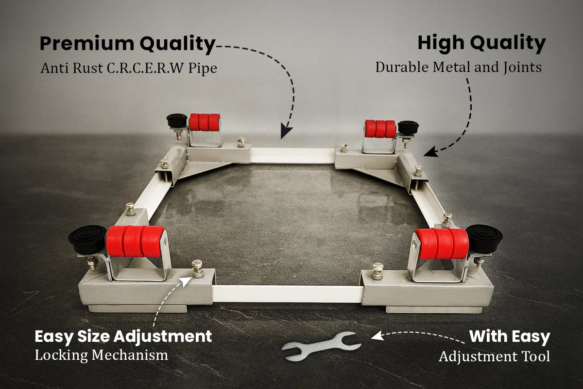 Venux heavy duty washing machine stand with anti rust CRC ERW pipe frame, durable metal joints, locking size adjustment and easy adjustment tool