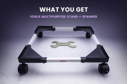 VenuX multipurpose stand what you get – heavy duty adjustable washing machine stand with 360 degree rotating black rubber wheels and free spanner tool included – universal mobile stand for front load top load washing machine refrigerator cooler dishwasher India