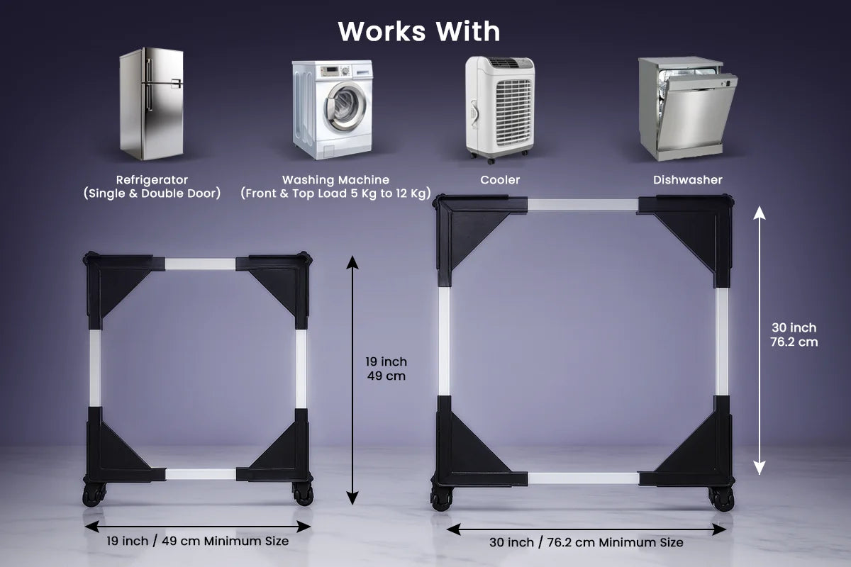 VenuX multipurpose adjustable appliance stand works with refrigerator single double door, washing machine front load top load 5kg to 12kg, cooler and dishwasher – universal stand adjustable size 19 inch to 30 inch 49cm to 76cm India