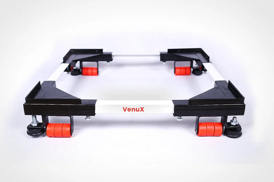VenuX premium black and red 12 wheel washing machine stand with adjustable length and height – heavy duty universal mobile stand with red anti-vibration rubber wheels for front load top load washing machine LG Samsung IFB Bosch India