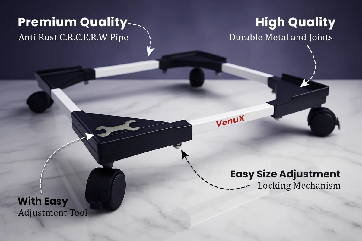 VenuX premium washing machine stand with anti-rust CRCA ERW pipe frame, high quality durable metal joints, easy size adjustment locking mechanism and free adjustment tool – heavy duty universal mobile stand for front load top load washing machines India