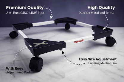 VenuX premium washing machine stand with anti-rust CRCA ERW pipe frame, high quality durable metal joints, easy size adjustment locking mechanism and free adjustment tool – heavy duty universal mobile stand for front load top load washing machines India
