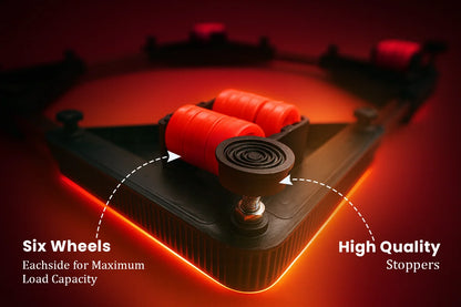 VenuX red washing machine stand close-up showing 6 red rubber wheels each side for maximum load capacity and high quality black anti-vibration stoppers for maximum stability – heavy duty adjustable universal washing machine stand India