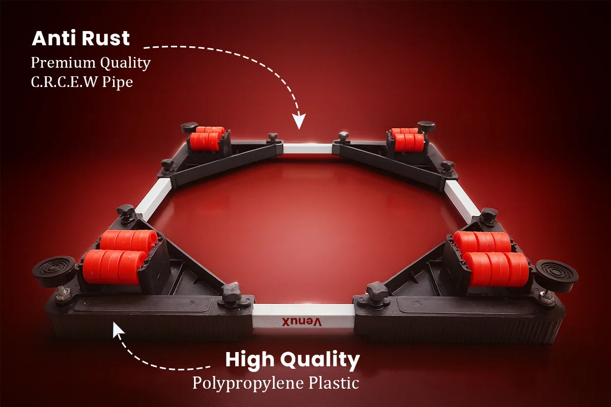 VenuX red heavy duty washing machine stand with premium anti-rust CRCEW pipe frame and high quality polypropylene plastic body – adjustable universal mobile stand with red rubber anti-vibration wheels for front load top load washing machine India