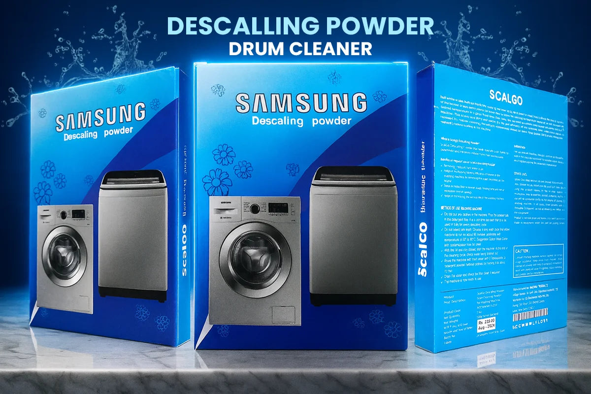 VenuX Scalgo Samsung washing machine descaling powder drum cleaner front and back pack view – best washing machine cleaning powder removes limescale stubborn dirt antibacterial formula for front load top load washing machines India