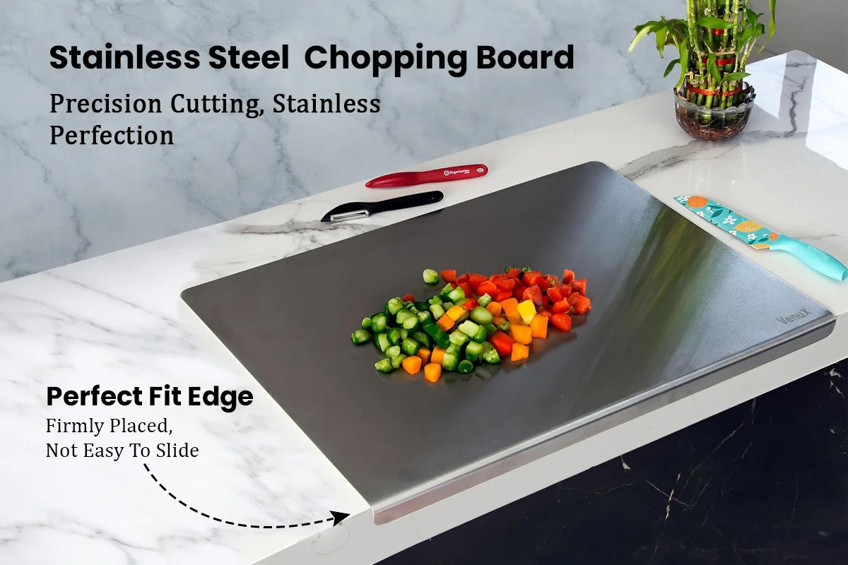 VenuX stainless steel chopping board precision cutting with perfect fit edge firmly placed and non-slip surface – rustproof antibacterial kitchen cutting board for vegetables meat and fruits India