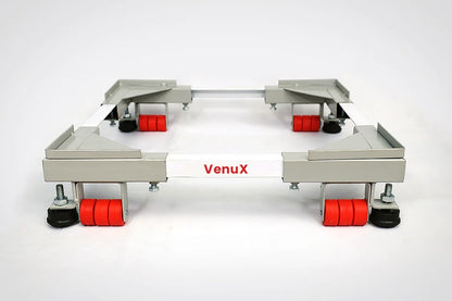 VenuX 12-wheel heavy duty adjustable washing machine stand with red rubber wheels – grey metal universal mobile stand for front load and top load washing machines, buy online India