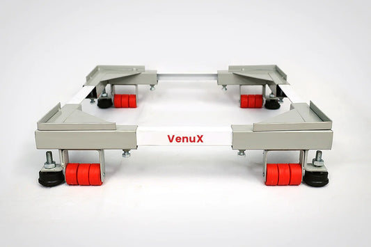 VenuX 12-wheel heavy duty adjustable washing machine stand with red rubber wheels – grey metal universal mobile stand for front load and top load washing machines, buy online India